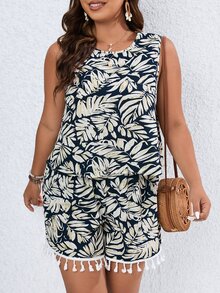 SHEIN LUNE con estampado tropical Top tank & ribete con fleco Shorts