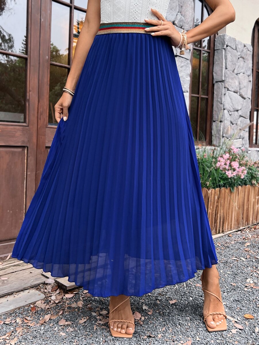 SHEIN Clasi Solid Pleated Hem Skirt - Blue - View 1