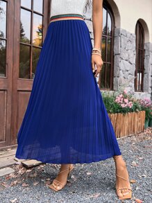 SHEIN Clasi Solid Pleated Hem Skirt - Blue - View 3