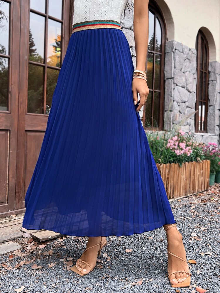 SHEIN Clasi Solid Pleated Hem Skirt - Blue - View 3