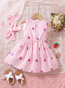 SHEIN Vintaside Kids Baby Girl Striped & Strawberry Print Ruffle Trim Dress & Headband - Pink - View 2