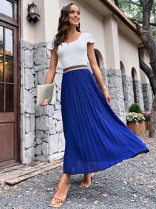 SHEIN Clasi Solid Pleated Hem Skirt - Blue - View 5