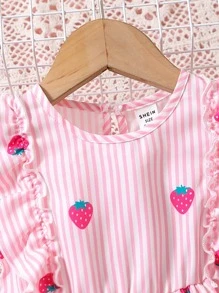 SHEIN Vintaside Kids Baby Girl Striped & Strawberry Print Ruffle Trim Dress & Headband - Pink - View 3