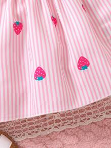 SHEIN Vintaside Kids Baby Girl Striped & Strawberry Print Ruffle Trim Dress & Headband - Pink - View 4
