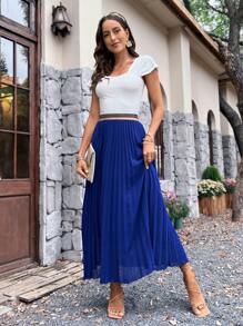 SHEIN Clasi Solid Pleated Hem Skirt - Blue - View 6