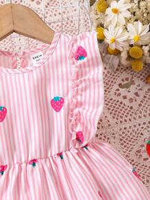 SHEIN Vintaside Kids Baby Girl Striped & Strawberry Print Ruffle Trim Dress & Headband - Pink - View 5