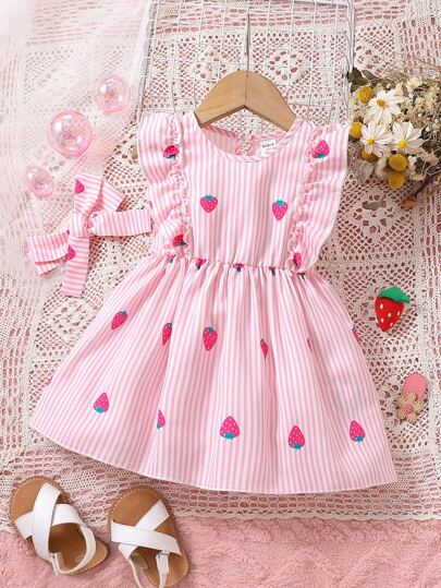 SHEIN Vintaside Kids Baby Girl Striped & Strawberry Print Ruffle Trim Dress & Headband