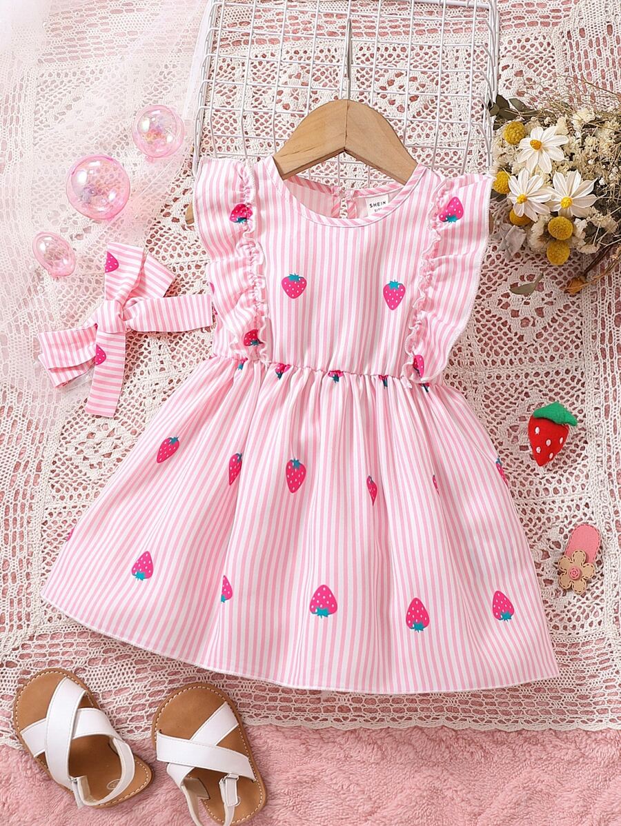 SHEIN Vintaside Kids Baby Girl Striped & Strawberry Print Ruffle Trim Dress & Headband - Pink - View 1