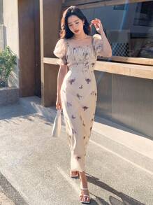 DAZY Bird Print Square Neck Puff Sleeve Ruched Bust Split Back Dress Sundress - Apricot - View 1