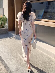 DAZY Bird Print Square Neck Puff Sleeve Ruched Bust Split Back Dress Sundress - Apricot - View 2