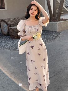 DAZY Bird Print Square Neck Puff Sleeve Ruched Bust Split Back Dress Sundress - Apricot - View 4