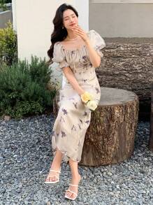 DAZY Bird Print Square Neck Puff Sleeve Ruched Bust Split Back Dress Sundress - Apricot - View 6