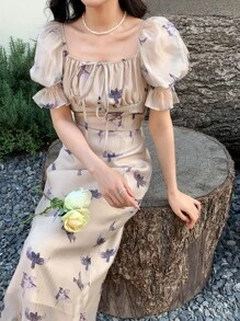 DAZY Bird Print Square Neck Puff Sleeve Ruched Bust Split Back Dress Sundress - Apricot - View 7