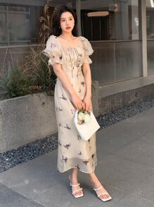 DAZY Bird Print Square Neck Puff Sleeve Ruched Bust Split Back Dress Sundress - Apricot - View 8