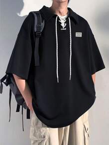 Manfinity Hypemode Loose Fit Men's Polo Shirt With Letter Patchwork, Lace-Up Front And Drop Shoulders - Black - View 1