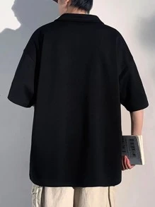 Manfinity Hypemode Loose Fit Men's Polo Shirt With Letter Patchwork, Lace-Up Front And Drop Shoulders - Black - View 2