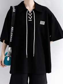 Manfinity Hypemode Loose Fit Men's Polo Shirt With Letter Patchwork, Lace-Up Front And Drop Shoulders - Black - View 3