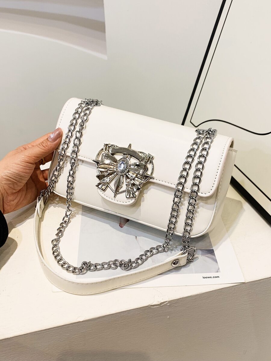 Rhinestone Decor Flap Square Bag Fashion - White - View 1
