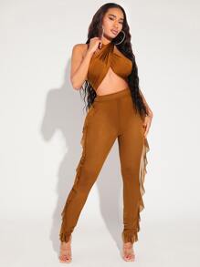 SHEIN SXY Crisscross Tie Backless Crop Halter Top & Ruffle Trim Trousers - Coffee Brown - View 1