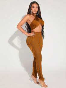 SHEIN SXY Crisscross Tie Backless Crop Halter Top & Ruffle Trim Trousers - Coffee Brown - View 3