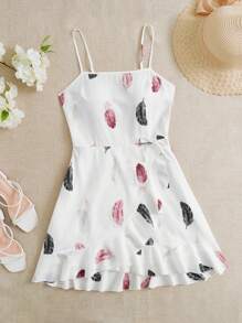 SHEIN VCAY Feather Print Ruffle Hem Knot Side Cami Dress - White - View 1