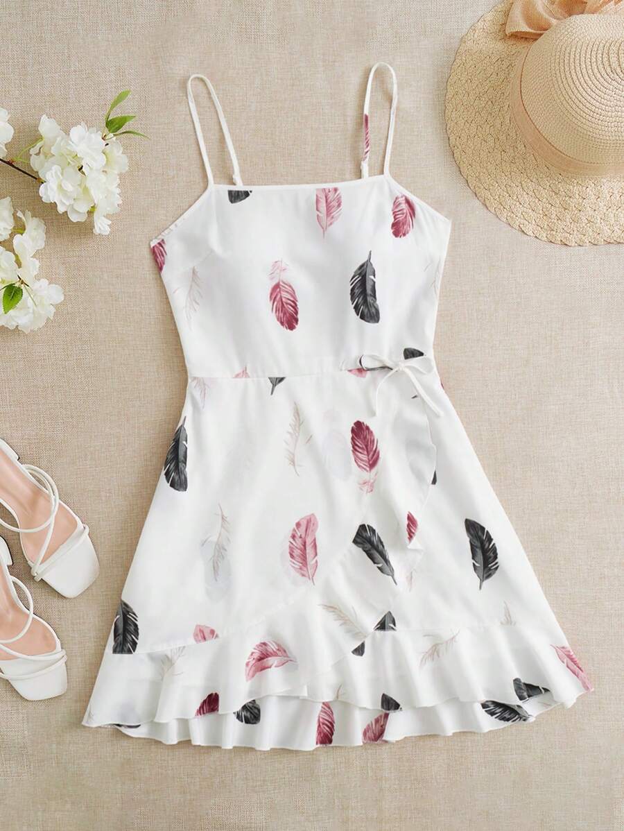SHEIN VCAY Feather Print Ruffle Hem Knot Side Cami Dress - White - View 1