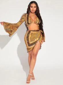 SHEIN SXY 佩斯利印花荷葉袖短款上衣