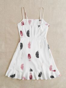 SHEIN VCAY Feather Print Ruffle Hem Knot Side Cami Dress - White - View 2