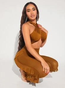 SHEIN SXY Crisscross Tie Backless Crop Halter Top & Ruffle Trim Trousers - Coffee Brown - View 5
