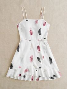 SHEIN VCAY Feather Print Ruffle Hem Knot Side Cami Dress - White - View 3