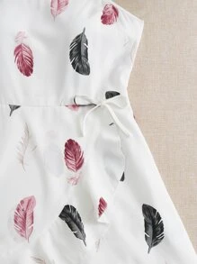 SHEIN VCAY Feather Print Ruffle Hem Knot Side Cami Dress - White - View 4