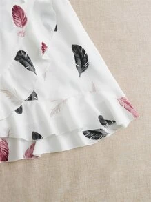 SHEIN VCAY Feather Print Ruffle Hem Knot Side Cami Dress - White - View 5