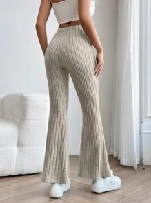 SHEIN PETITE Solid Ribbed Knit Flare Leg Spring Women Pants - Apricot - View 2