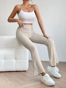 SHEIN PETITE Solid Ribbed Knit Flare Leg Spring Women Pants - Apricot - View 4