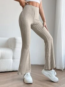 SHEIN PETITE Solid Ribbed Knit Flare Leg Spring Women Pants - Apricot - View 5