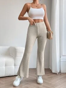 SHEIN PETITE Solid Ribbed Knit Flare Leg Spring Women Pants - Apricot - View 6