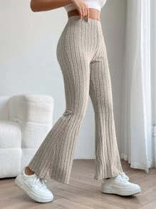 SHEIN PETITE Solid Ribbed Knit Flare Leg Spring Women Pants - Apricot - View 7