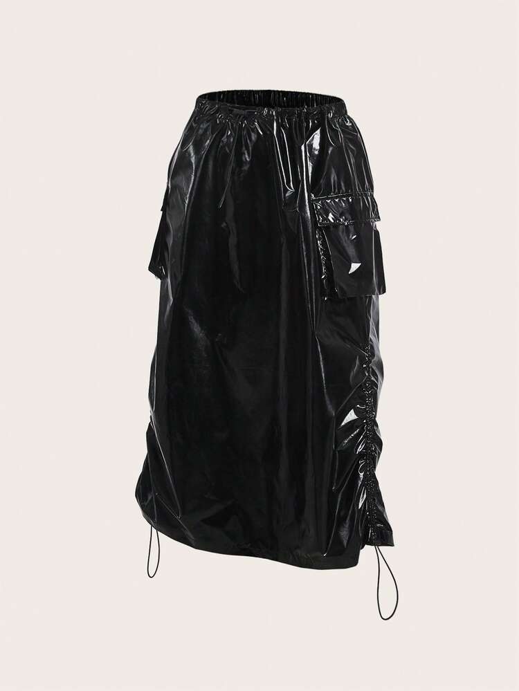 SHEIN ICON Rave Solid Drawstring PU Leather Skirt - Black - View 1