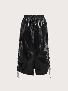 SHEIN ICON Rave Solid Drawstring PU Leather Skirt - Black - View 2
