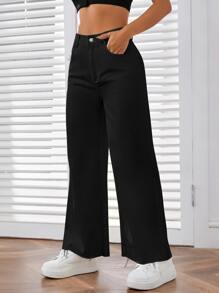 SHEIN EZwear Quần ống rộng khóa kéo chắc chắn - màu đen - Xem 3