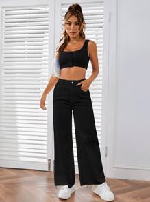 SHEIN EZwear Quần ống rộng khóa kéo chắc chắn - màu đen - Xem 5