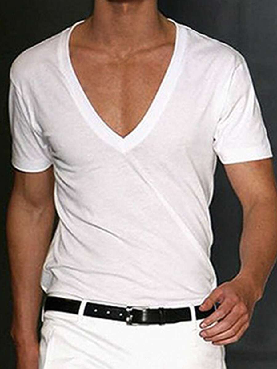 Manfinity Homme Men Cotton Solid V Neck Plain Casual Cotton Short Sleeve Tee, Boyfriend Gift, For Work - White - View 1