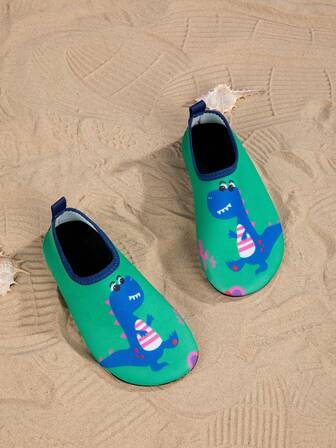 運動水襪適用於男孩卡通恐龍圖案撞色滾邊織物涉水鞋