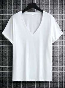 Manfinity Homme Men Cotton Solid V Neck Plain Casual Cotton Short Sleeve Tee, Boyfriend Gift, For Work - White - View 3