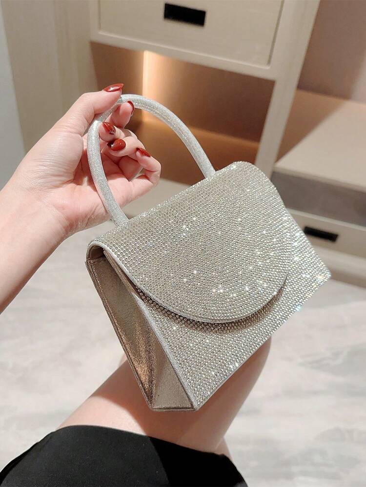 Moonlit EveBag時尚、極簡、休閒、閃亮閃爍、亮片、豪華、閃亮迷你方形亮石裝飾閃粉包，非常適合婚禮、舞會和派對場合的完美新娘手提包、晚禮服袋、派對少女和女性的晚宴包 - 銀色 - 查看 8
