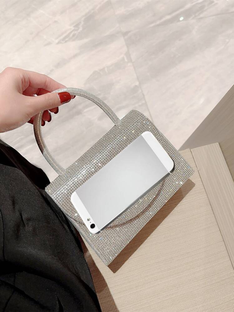 Moonlit EveBag時尚、極簡、休閒、閃亮閃爍、亮片、豪華、閃亮迷你方形亮石裝飾閃粉包，非常適合婚禮、舞會和派對場合的完美新娘手提包、晚禮服袋、派對少女和女性的晚宴包 - 銀色 - 查看 11