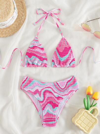 Swim Mod Summer Beach Wavy Print Bikini Set Smocked Halter Triangle Bra & Bikini Set 2 Piece Bathing Suit