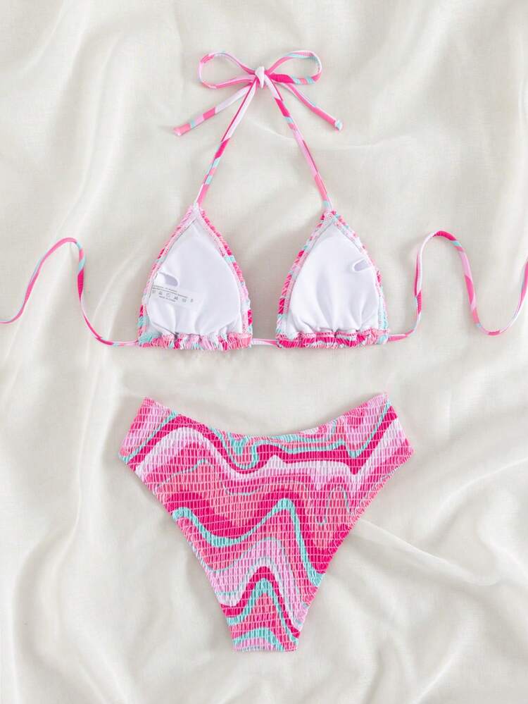 Summer Beach Wavy Print Bikini Set Smocked Halter Triangle Bra & Bikini Set 2 Piece Bathing Suit