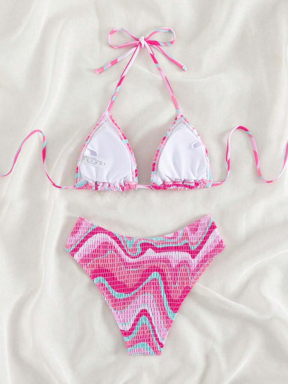 Summer Beach Wavy Print Bikini Set Smocked Halter Triangle Bra & Bikini Set 2 Piece Bathing Suit