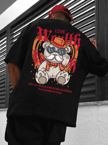 Manfinity 男士卡通和標語圖案T恤 - 黑色 - 查看 1